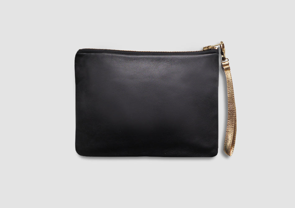 Black leather bag with wrist strap